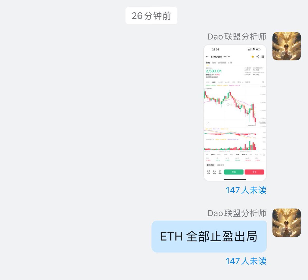 白天看准以太上涨乏力，有回撤需求
2575进场做空
2530精准全部止盈，成功拿下45个点
恭喜群里跟上的伙伴，每天吃肉😄