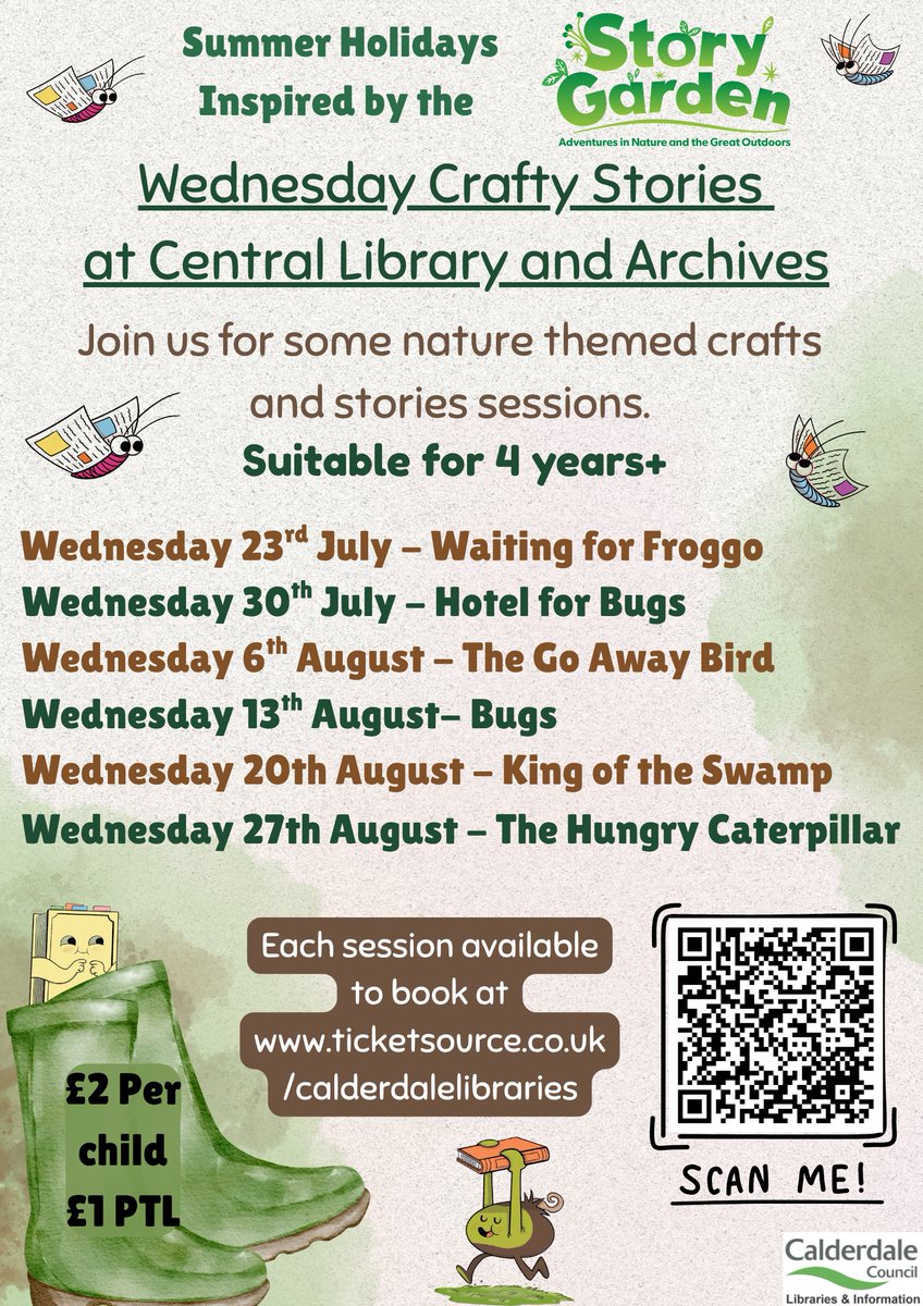 CMBClibraries's tweet image. Central Library and Archives are dedicating their Crafty Stories to 10:30am every Wednesday throughout the holidays. In these sessions we will be exploring different parts of nature with silly stories and crafty creations to take home.
To book your place ticketsource.co.uk/calderdalelibr….