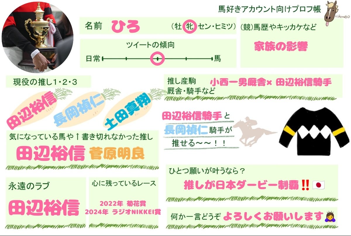 usachan2009's tweet image. 競馬お友達探し

♡or♻️で気になった方お迎え行きます🚗💨

よろしくお願いします🙇‍♀️

田辺裕信騎手，長岡禎仁騎手，土田真翔騎手を応援してます🥹🩵🩷🫶🏻

 #競馬好きな人と繋がりたい 
 #馬好きアカウント向けプロフ帳 
 #競馬好きと繋がりたい