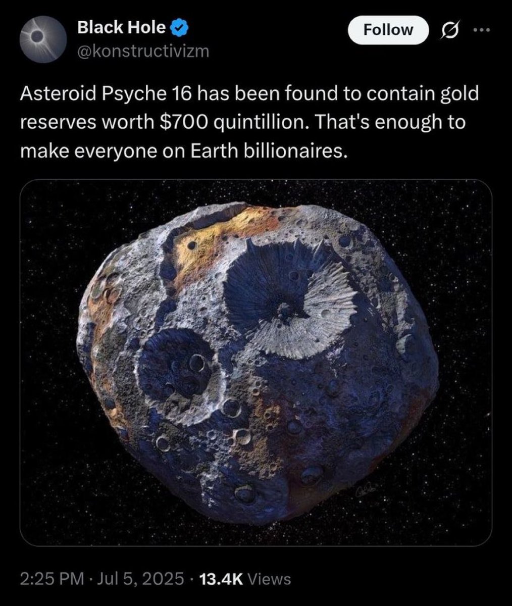 小行星 16 Psyche 被发现含有价值 700 万亿（$700 quintillion）美元的黄金储备，足以让地球上的每个人都成为亿万富翁。

宇宙中究竟有多少资源，真的太神奇了。