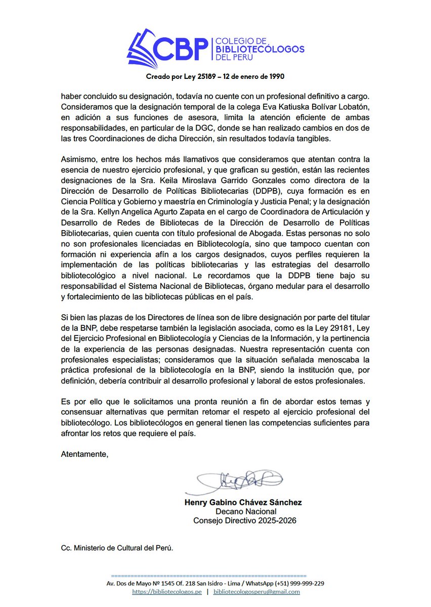 Bibliotecólogos Perú (@cbiblioperu) on Twitter photo COMUNICADO Nº 2. El CBP reafirma su compromiso con la defensa de los derechos de los profesionales de la bibliotecología del país. Hoy, 07/07/2025, se presentó, vía mesa de partes, una carta a la Jefa de la <a href="/BibliotecaPeru/">BibliotecaPeru</a> con copia al Ministro de Cultura. <a href="/MinCulturaPe/">Ministerio de Cultura</a> COMUNICADO Nº 2. El CBP reafirma su compromiso con la defensa de los derechos de los profesionales de la bibliotecología del país. Hoy, 07/07/2025, se presentó, vía mesa de partes, una carta a la Jefa de la <a href="/BibliotecaPeru/">BibliotecaPeru</a> con copia al Ministro de Cultura. <a href="/MinCulturaPe/">Ministerio de Cultura</a>
