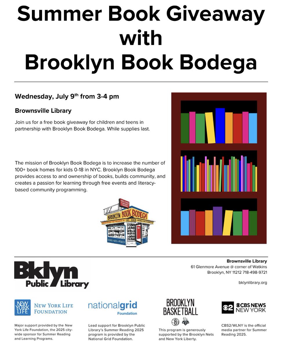 BklynBookBodega's tweet image. Make your way to Brooklyn Public Library’s Brownsville branch this Wednesday for a summer reading boost! In partnership with @bklynlibrary, we will be on-site with free books for all ages!
⁠
#BrooklynPublicLibrary #RedHookReads #FreeBooksNYC #NYCSummerFun #FamilyEventsBrooklyn