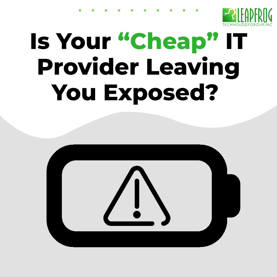 leapfrogtech's tweet photo. If your IT provider's pricing seems too good to be true... it probably is.  We've reviewed dozens of cheap contracts and found:  ❌ Weak cybersecurity  ❌ Half-baked backups  ❌ Surprise fees  ❌ Inexperienced techs  Full story 👉 https://t.co/sZLXXgZLLp https://t.co/z9H5RHr1yx