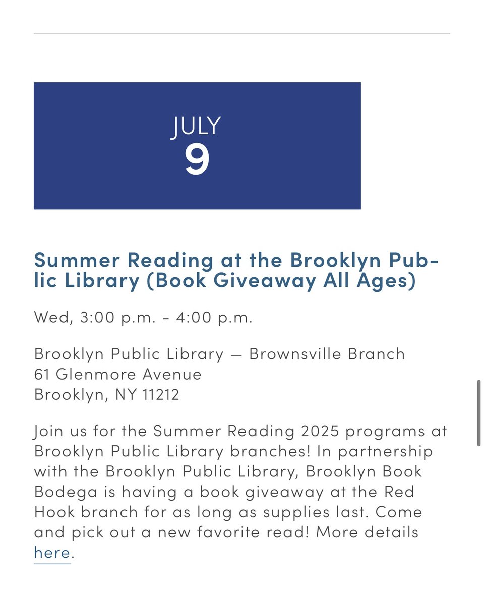BklynBookBodega's tweet image. Make your way to Brooklyn Public Library’s Brownsville branch this Wednesday for a summer reading boost! In partnership with @bklynlibrary, we will be on-site with free books for all ages!
⁠
#BrooklynPublicLibrary #RedHookReads #FreeBooksNYC #NYCSummerFun #FamilyEventsBrooklyn