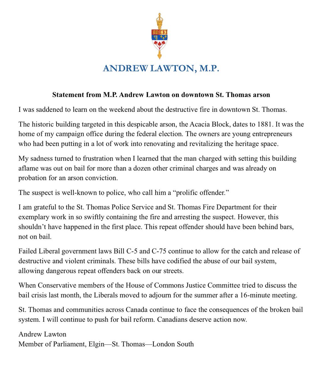 AndrewLawton's tweet image. The man accused of burning down a historic St. Thomas building on the weekend was a “prolific” offender who was out on bail for more than a dozen charges. He was also on probation for another arson.
This has to stop.