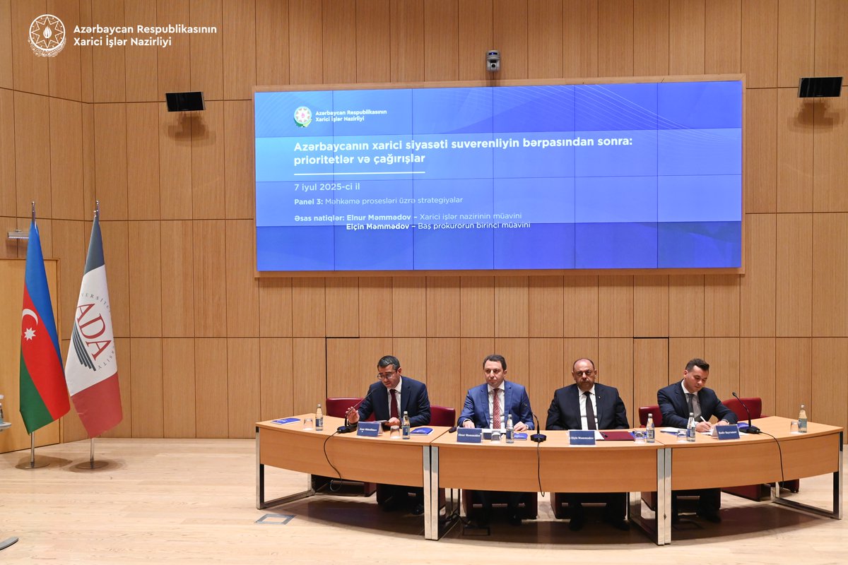 AzerbaijanMFA's tweet image. Diplomatik xidmət orqanlarının rəhbərlərinin IX müşavirəsinin “Məhkəmə prosesləri üzrə strategiyalar” mövzusunda üçüncü paneli Azərbaycan Respublikasının xarici işlər nazirinin müavini Elnur Məmmədov və Azərbaycan Respublikasının Baş prokurorunun birinci müavini Elçin Məmmədovun…
