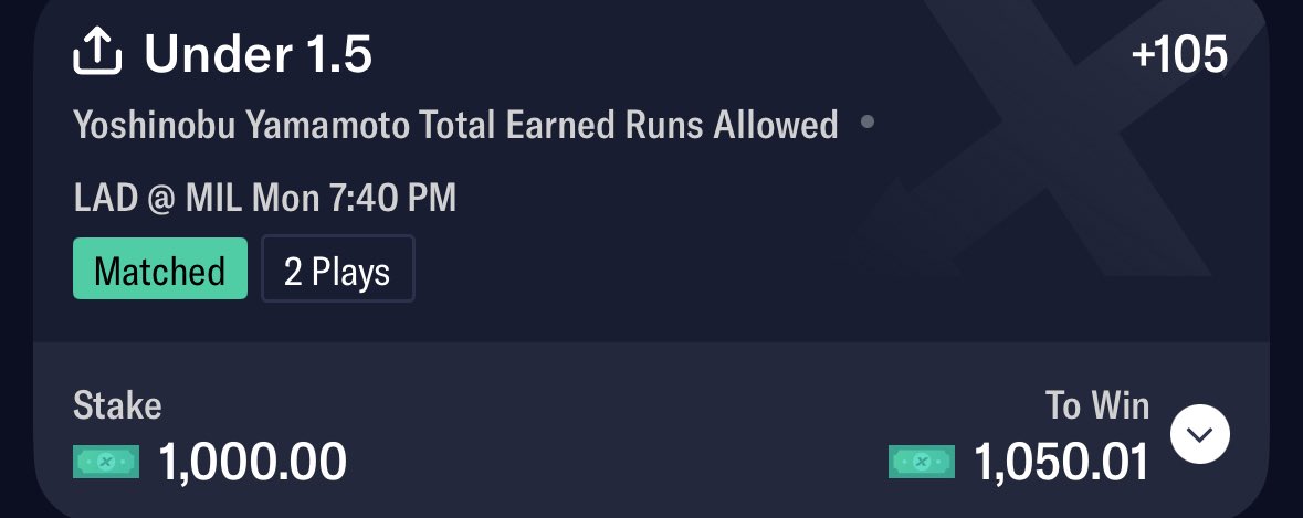 Play Of The Day 📝 

Yoshinobu Yamamoto ⚾️ 

Under 1.5 Earned Runs Allowed (+105)

Great spot for Yoshi 💰 

#GamblingTwitter #MLB #Yamamoto