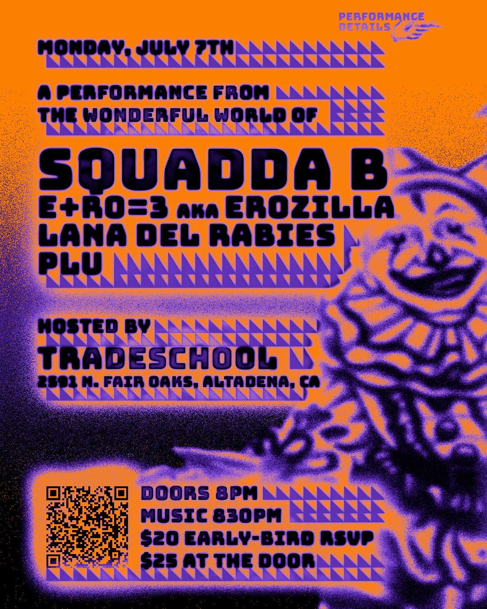a wave press (@awavepress) on Twitter photo Tonight at Trade School! <a href="/SquaddaB/">S Q U A D D A B</a> <a href="/imlanadelrabies/">Lana Del Rabies</a> E+RO=3 aka EROZilla and plu! $25 at the door, into at the event page below. It's going to be incredible, come out!
gototradeschool.org/en/events/squa… Tonight at Trade School! <a href="/SquaddaB/">S Q U A D D A B</a> <a href="/imlanadelrabies/">Lana Del Rabies</a> E+RO=3 aka EROZilla and plu! $25 at the door, into at the event page below. It's going to be incredible, come out!
gototradeschool.org/en/events/squa…