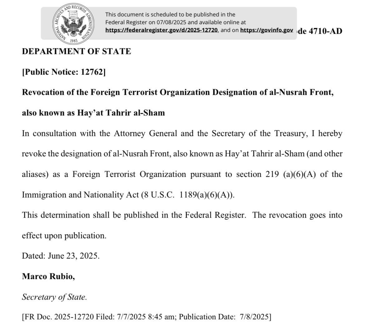 US State Department has officially removed HTS from the Foreign Terrorist Organization (FTO) list 

Many thought this day would never come