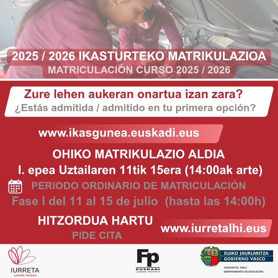 Iurreta LHII (@iurretalhii) on Twitter photo 🔍Ikasgunean zure lehenengo aukeran onartua izan zara?
ℹ️Matrikula gauzatzeko, hitzordua hartu formularioa betez 🌐hodeia.iurretalhi.eus/index.php/apps… estekan.
Informazio gehiago, 🌐iurretalhi.eus/aurrematrikula… estekan ☎️ 944 66 88 00 zenbakira deituz edo ✉️idazkaritza@iurretalhi.eus idatziz. 🔍Ikasgunean zure lehenengo aukeran onartua izan zara?
ℹ️Matrikula gauzatzeko, hitzordua hartu formularioa betez 🌐hodeia.iurretalhi.eus/index.php/apps… estekan.
Informazio gehiago, 🌐iurretalhi.eus/aurrematrikula… estekan ☎️ 944 66 88 00 zenbakira deituz edo ✉️idazkaritza@iurretalhi.eus idatziz.