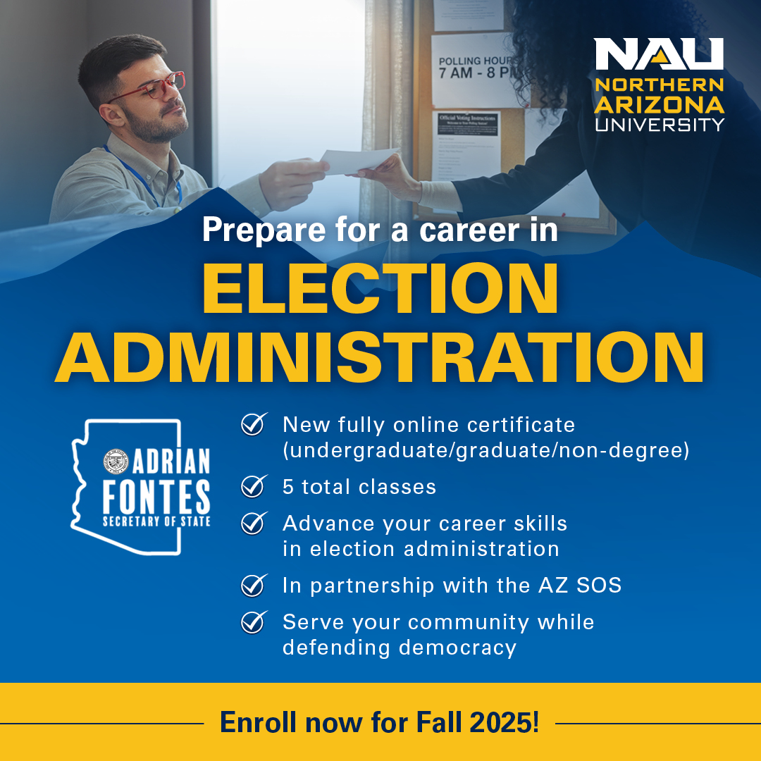 CoconinoVote's tweet image. Interested in learning more? Join us July 7, 12-1 p.m. online or July 8, 4-5 p.m. in-person at the Coconino County Elections Center – 1300 W University Ave #180, Flagstaff, AZ to learn more about the Election Administration Certificate. Register at forms.gle/m1ZUwH2ixxkS1N….