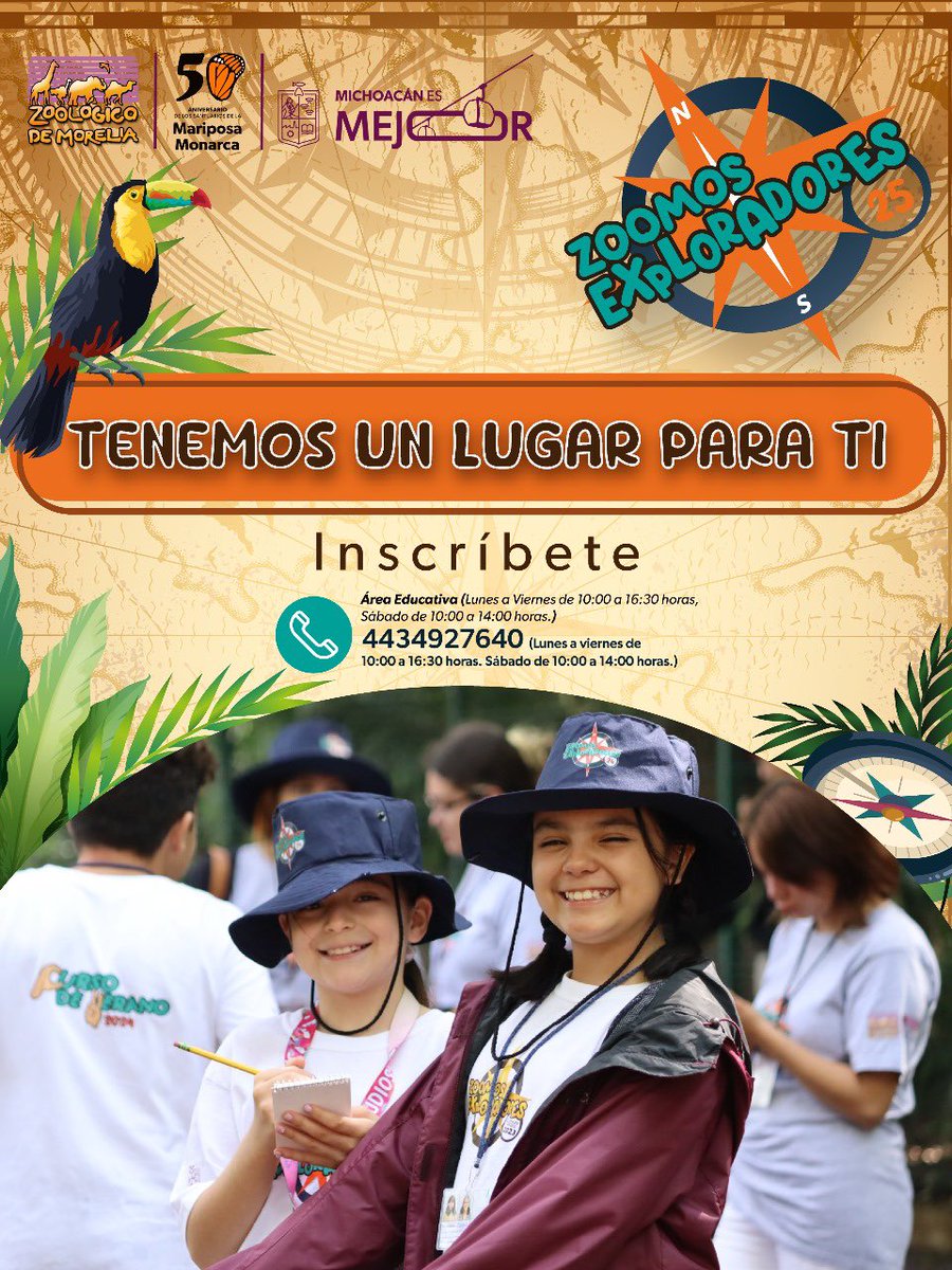 ¿Estás listo? Del 21 de julio al 08 de agosto Zoomos Exploradores 2025 te espera si tienes entre 5 y 12 años y amas la aventura.  🐾🐾🐾

🐒Costo: 2800 por niño
🐻Horario: 8:00 a 14:00 horas
🐍Informes: 44 34 92 76 40