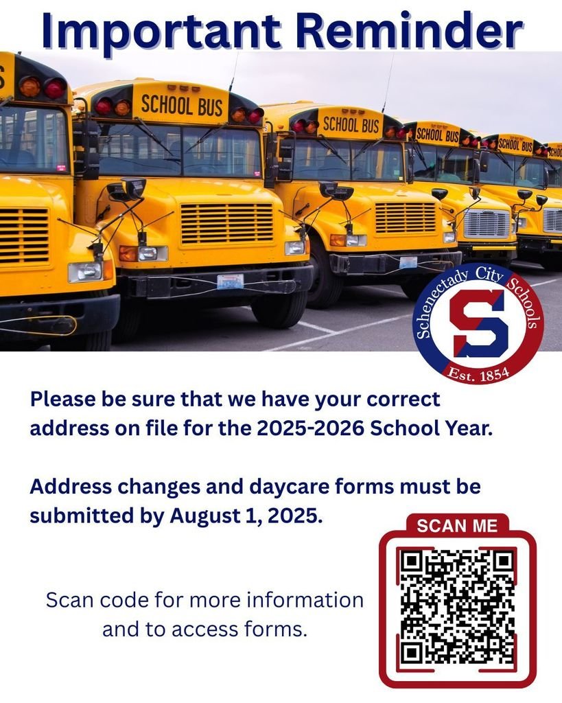 IMPORTANT REMINDER
If your students rides the bus to school, please be sure that we have your correct address on file.  If your address changes over the summer, please contact your child's school to update it.

Address changes and daycare forms must be received by August 1.
