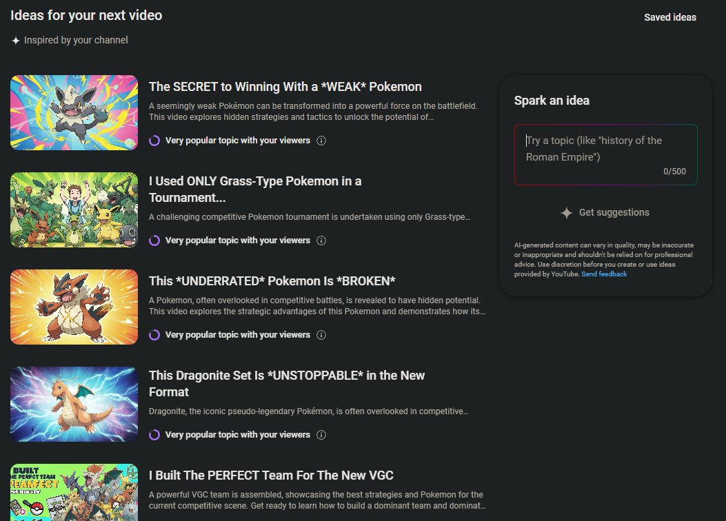 SplashPlateVGC's tweet image. Why has YouTube got a whole AI section on the dashboard now which generates video titles, thumbnails etc?!
Is this not really fucking weird?