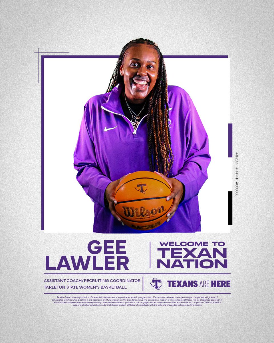 TarletonWBB's tweet image. Welcome to Texan Nation, @Gee23_3 💜🤠
Excited to announce Gee Lawler as our new assistant coach/recruiting coordinator!
📰| tinyurl.com/bdepw75h