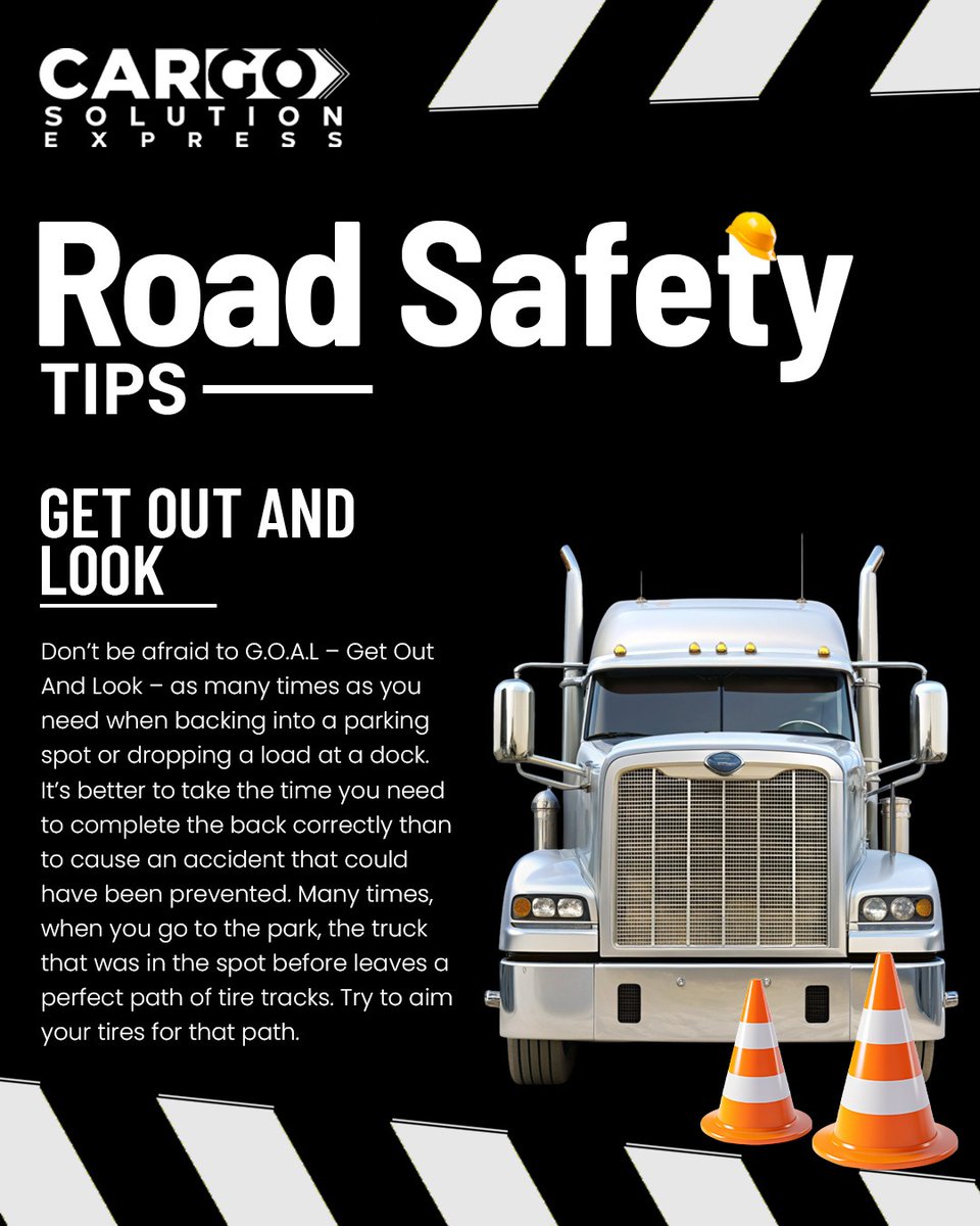 cargosolution1's tweet photo. G.O.A.L. – Get Out And Look!

Before backing up, always step out and check your surroundings. A quick look can prevent big accidents. Safety first, always! ✅👀

#trucklife #LogisticsCareers #truckdrivertips #safetyfirstalways #TruckingSolutions https://t.co/orSJZEmKKU
