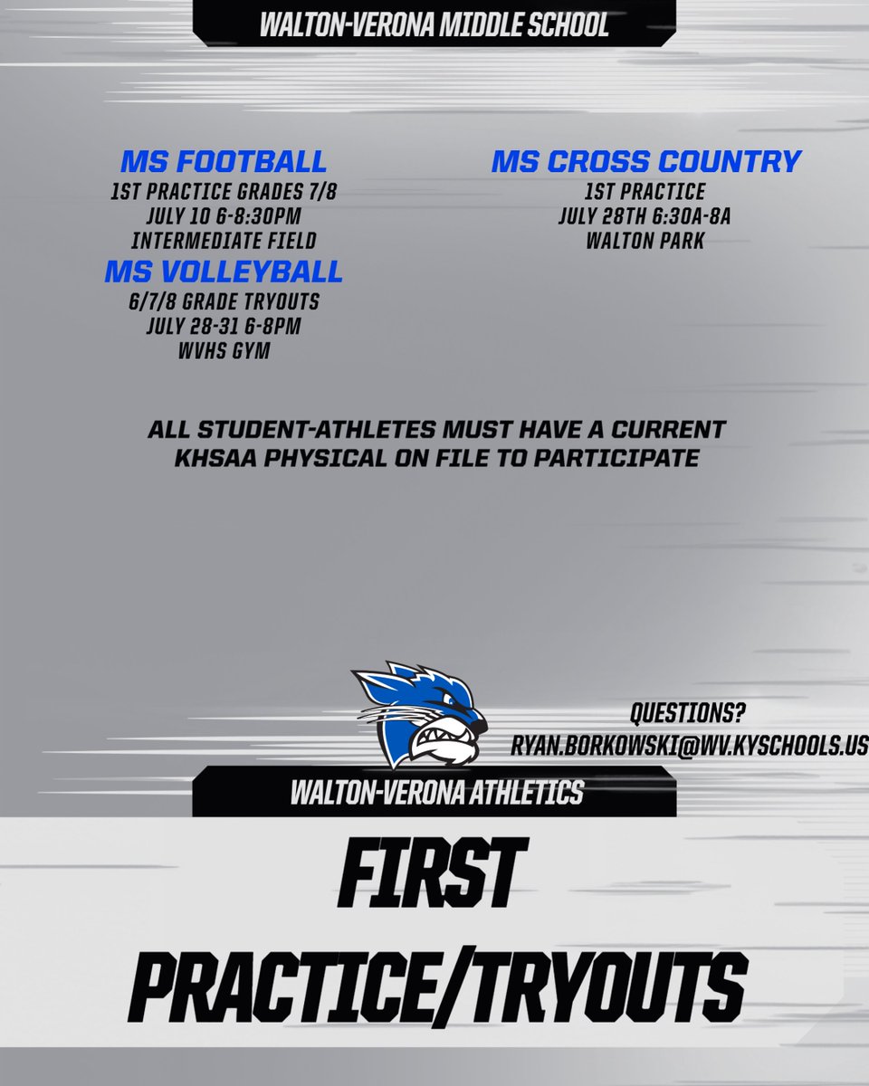 Information on 1st practice/tryouts for Middle School Fall Sports. Please note MS volleyball tryouts will now be held at the HS gym. Anyone interested in trying out for MS Volleyball is encouraged to complete the pre-registration link: forms.gle/jnG6X842jUpj8K…
