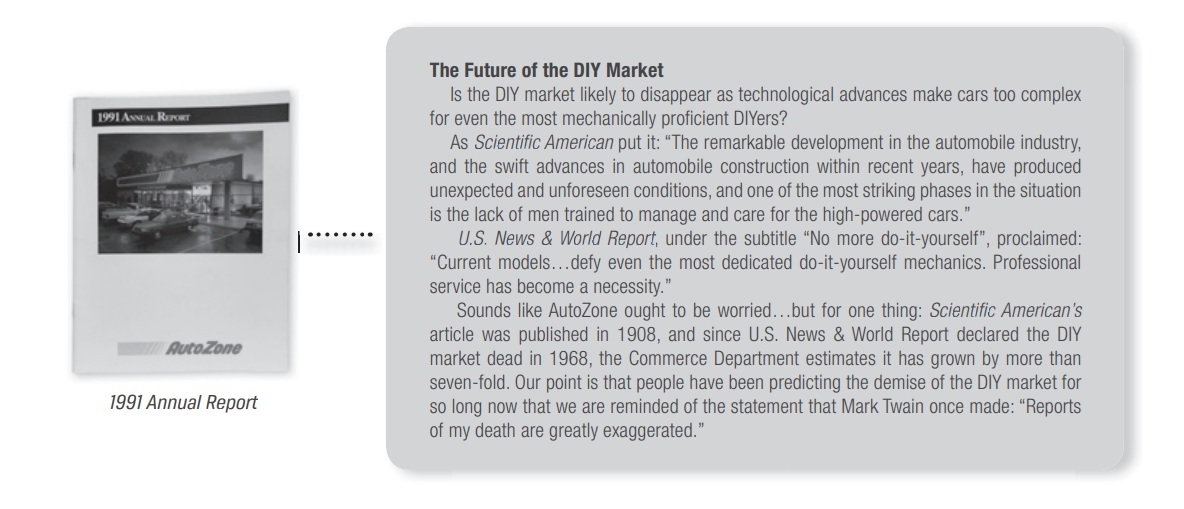 lhamtil's tweet image. An excerpt from AutoZone&apos;s 1991 annual report (reprinted in the 2018 letter) on the constant calls for the death of the DIY market 

about.autozone.com/static-files/4…