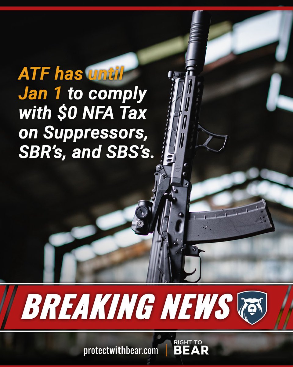 protectwithbear's tweet image. The ATF has until January 1st, 2026 to comply with the new $0 NFA tax on suppressors, SBR&apos;s, SBS&apos;s and all other NFA items, recently passed in the  Big Beautiful Bill. #protectwithbear #BBB #bigbeautifulbill #2a #PurePeaceOfMind