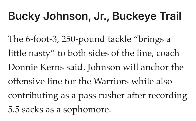 Buckston Johnson (@buckstonjohnson) on Twitter photo Absolutely blessed to be recognized as one of the best lineman in D6 football. Got two years left let’s keep grinding and keep climbing from here. <a href="/kernsd9/">Donnie Kerns</a> <a href="/coachmcglumphy/">Michael McGlumphy</a> <a href="/OhioValleyPreps/">Ohio Valley Preps</a> Absolutely blessed to be recognized as one of the best lineman in D6 football. Got two years left let’s keep grinding and keep climbing from here. <a href="/kernsd9/">Donnie Kerns</a> <a href="/coachmcglumphy/">Michael McGlumphy</a> <a href="/OhioValleyPreps/">Ohio Valley Preps</a>