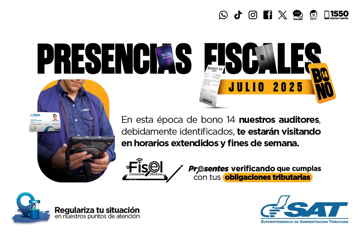 🔎✅ En esta época, estaremos presentes a nivel nacional para apoyarte a verificar que cumplas con tus obligaciones tributarias #PresenciasFiscales #SAT