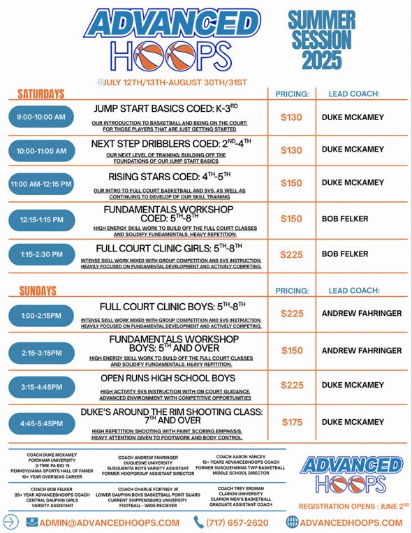 If you’re in the Harrisburg surrounding area and looking for high level Summer Basketball training click the link and sign up now! Boys/Girls all ages and skill levels. Begins 7/12 through 8/31 🏀 #AdvancedHoops #RawSports 

advancedhoops.com