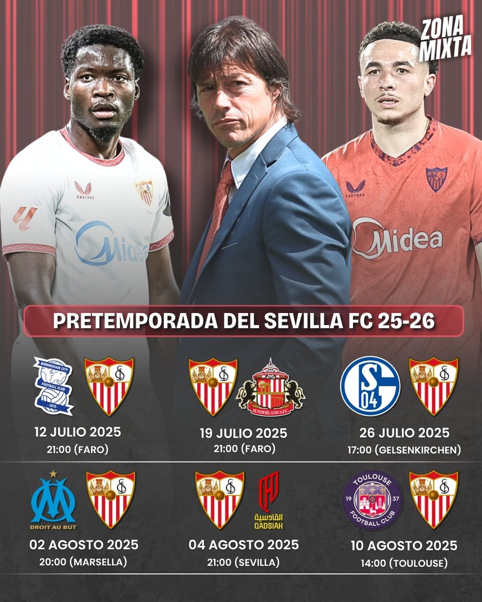 Zona Mixta (@zonamixta__) on Twitter photo ‼️Actualizado el calendario del <a href="/SevillaFC/">Sevilla Fútbol Club</a> para su pretemporada 2025-26.
🔜 Los de Almeyda disputarán 6 encuentros amistosos en las próximas semanas, de los cuales 5 serán fuera de España.
#ZonaMixta ‼️Actualizado el calendario del <a href="/SevillaFC/">Sevilla Fútbol Club</a> para su pretemporada 2025-26.
🔜 Los de Almeyda disputarán 6 encuentros amistosos en las próximas semanas, de los cuales 5 serán fuera de España.
#ZonaMixta