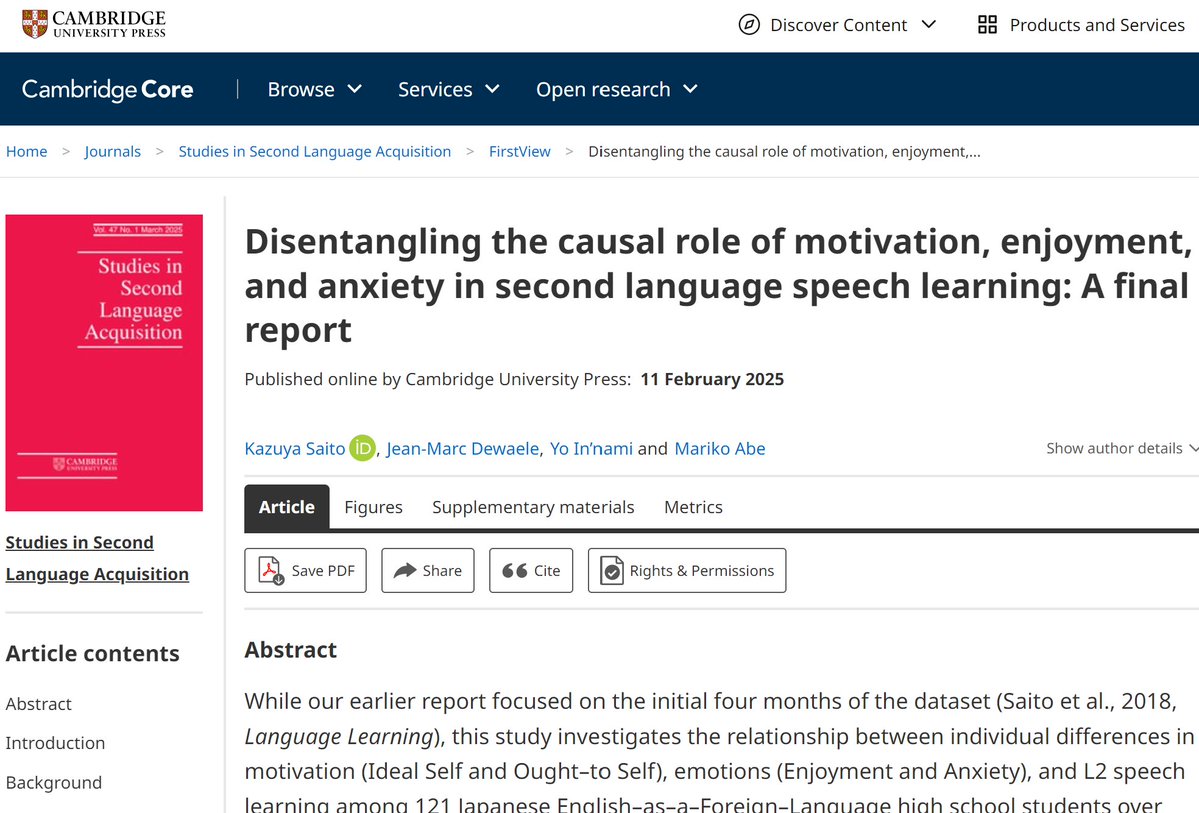 Our team's new study is out. This is the *final* report of my work on how much motivation/emotion matters for L2 speech learning. Takeaway: motivation and emotion have a causal and driving role in L2 speech development. doi.org/10.1017/S02722…