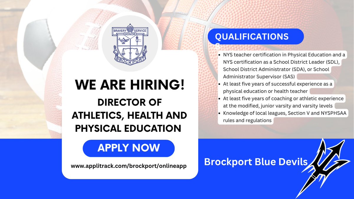 We're Hiring!
Brockport Central School District is hiring a Director of Athletics, Health and Physical Education!
Apply: applitrack.com/brockport/onli…