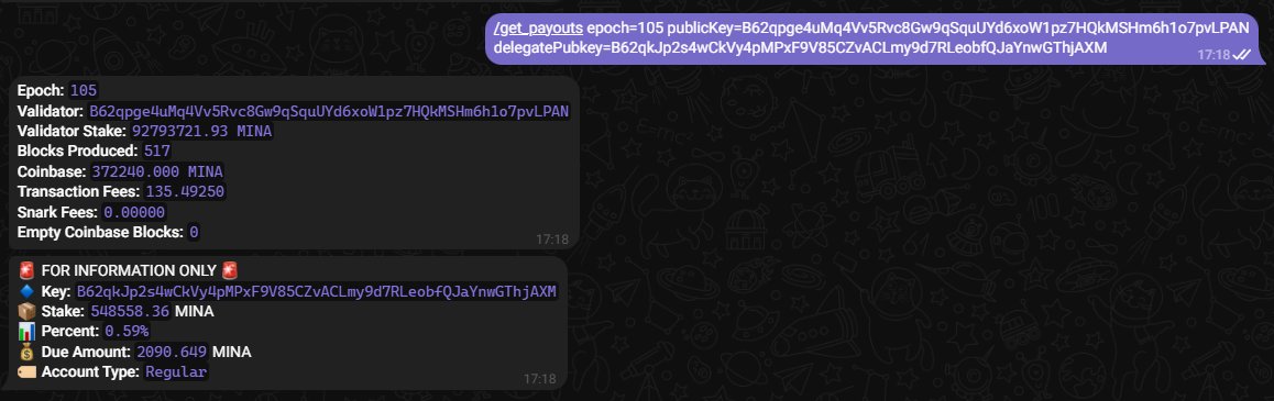 Mina Bot  can now compute your expected payout based on any epoch, your validator address, and your wallet address !!!

/get_payouts epoch=&lt;num&gt; publicKey=&lt;validator&gt; delegatePubkey=&lt;delegator&gt; [poolFee=5] [foundFee=8] [o1labsFee=5] [shareTxFee=0|1|2]

t.me/mina_monitor_b…