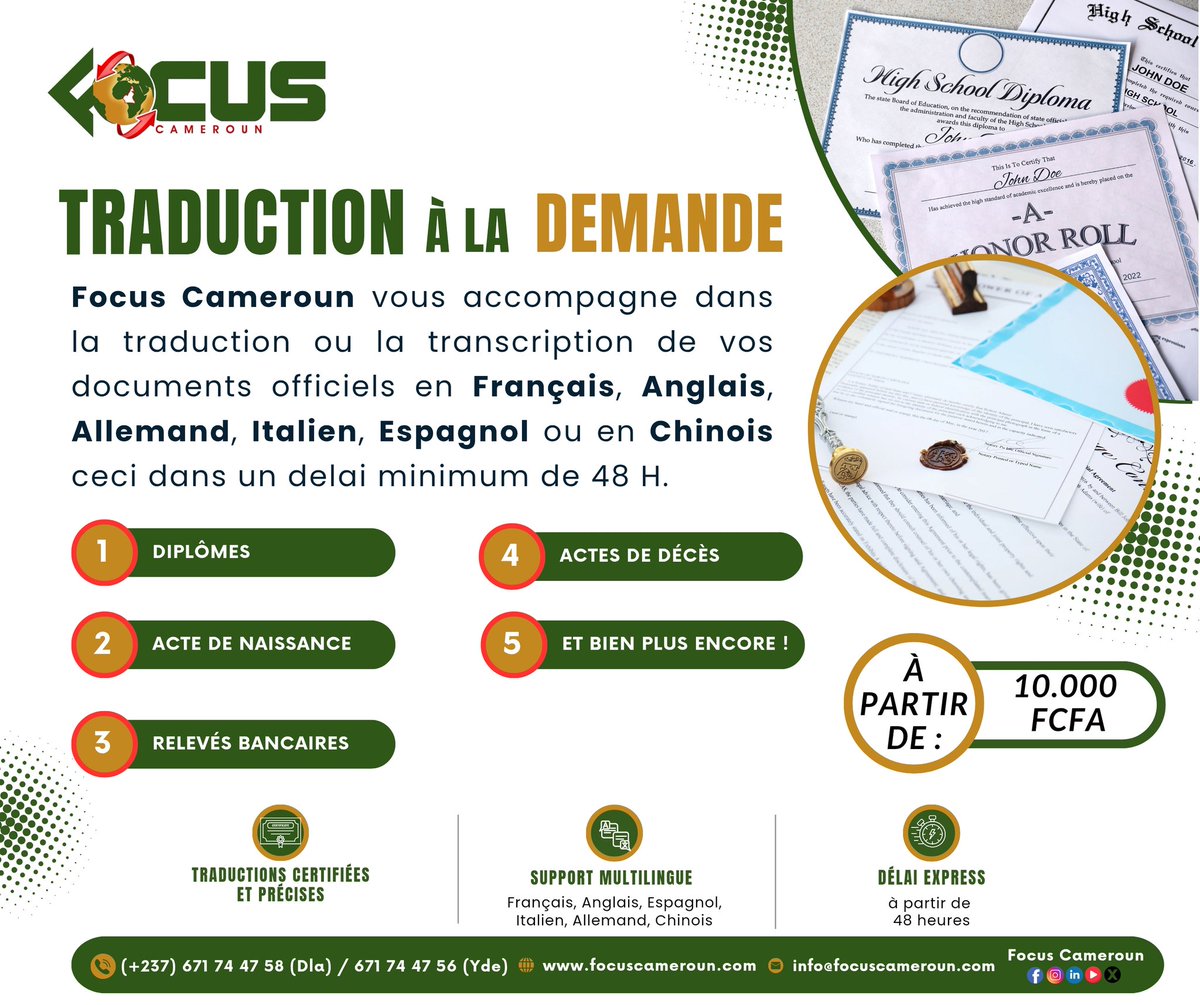 FocusCameroun's tweet photo. 🗃️ 𝗧𝗥𝗔𝗗𝗨𝗖𝗧𝗜𝗢𝗡 𝗣𝗥𝗢𝗙𝗘𝗦𝗦𝗜𝗢𝗡𝗡𝗘𝗟𝗟𝗘 𝗘𝗡 𝟰𝟴𝗛

Confiez-nous vos documents et vous ne serez pas déçu ! 
👉🏾 Contactez-nous :
📱 whatsapp : https://t.co/z3bZsUigC1
☎️ Appel: (+237) 671 74 47 58 (Dla) / 671 74 47 56 (Yde)
📧Email: info@focuscameroun.com https://t.co/BXgxGWJy7F