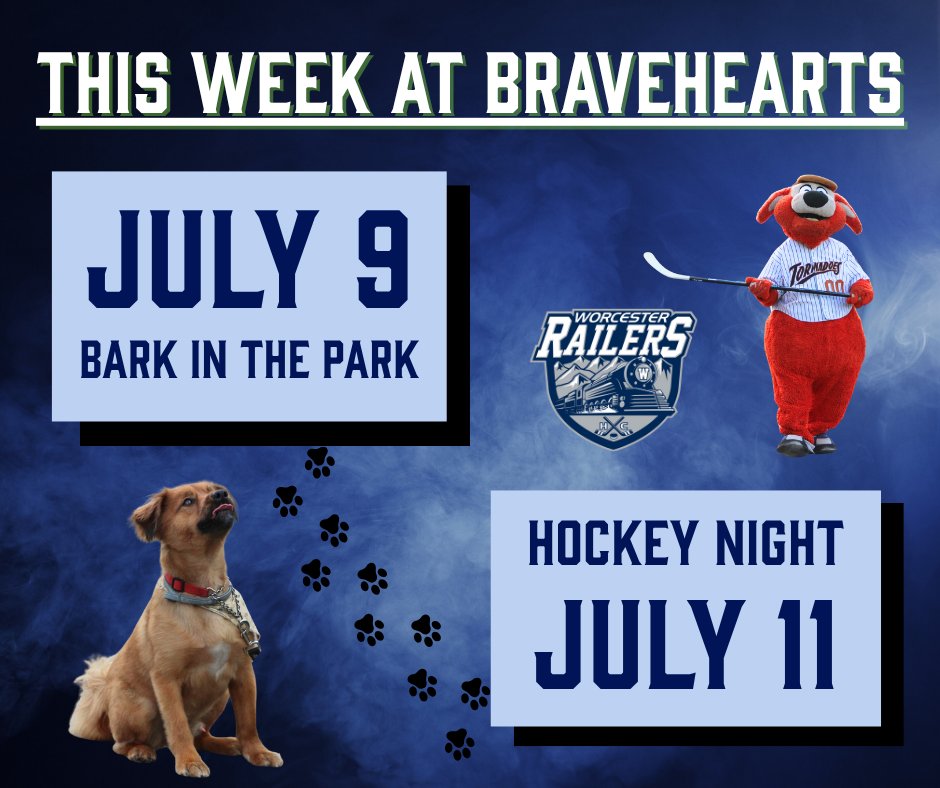 We have a busy week at the Bravehearts! We are HOME Tuesday, Wednesday, and Friday this week, with Wednesday being Bark in the Park (part 2!) and Friday being Hockey Night! 🐶🏒

Don't miss a chance to see your first place Bravehearts play with some great promotions!