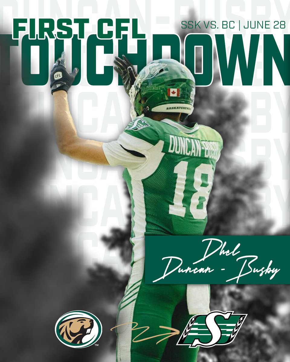Bemidji State Football (@bsubeaversfb) on Twitter photo We'd like to send a HUGE congrats out to our guy <a href="/DhelLiam10/">Dhel Duncan-Busby</a> on earning his FIRST CAREER TD with <a href="/sskroughriders/">Saskatchewan Roughriders</a> of the <a href="/CFL/">CFL</a>!
#GrindTheAxe We'd like to send a HUGE congrats out to our guy <a href="/DhelLiam10/">Dhel Duncan-Busby</a> on earning his FIRST CAREER TD with <a href="/sskroughriders/">Saskatchewan Roughriders</a> of the <a href="/CFL/">CFL</a>!
#GrindTheAxe