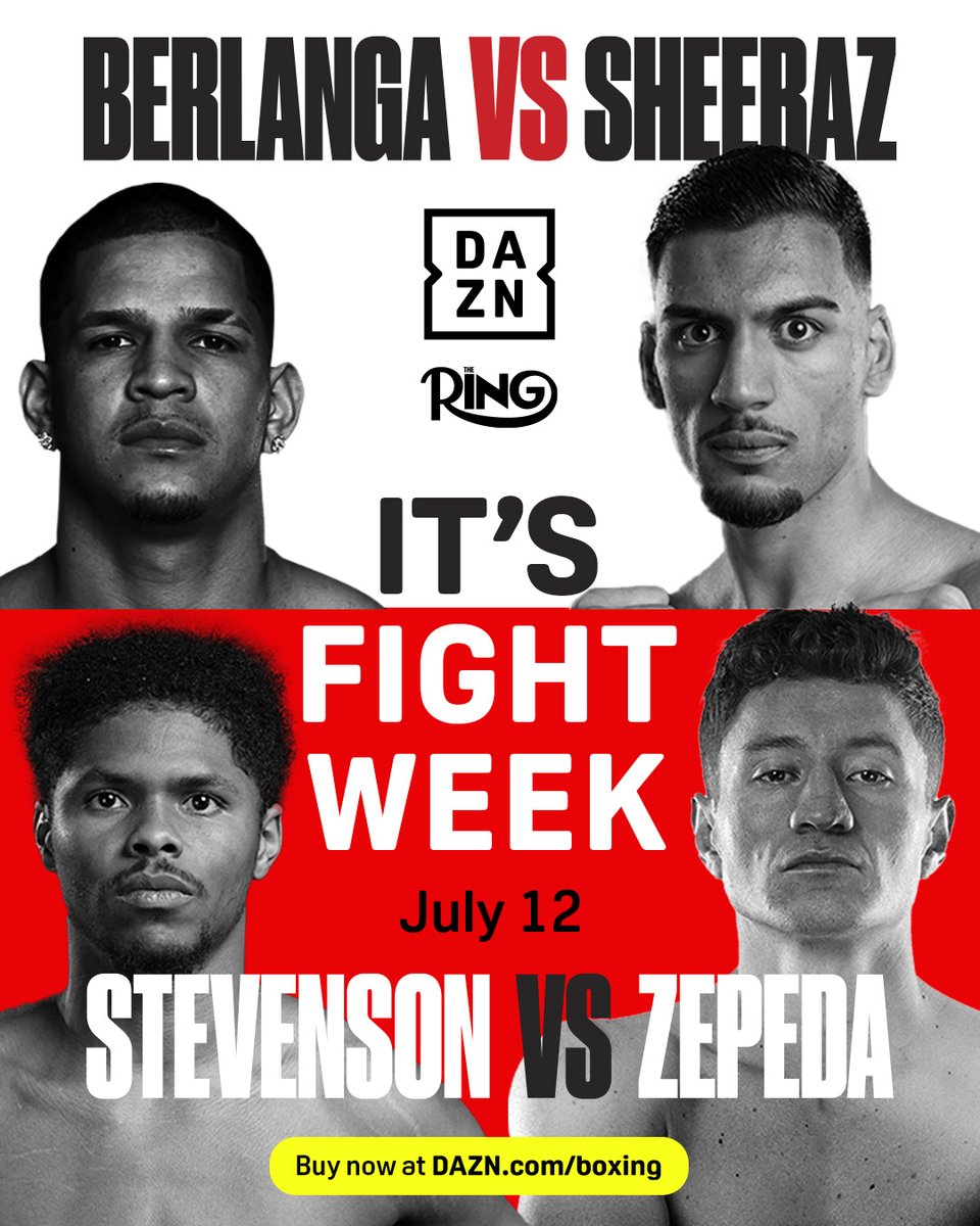 DAZN Boxing (@daznboxing) on Twitter photo ๐
๐ข๐ ๐ก๐ญ ๐ฐ๐๐๐ค ๐ข๐ง ๐๐๐ฐ ๐๐จ๐ซ๐ค ๐บ๐ธ
๐บ๐ธ <a href="/EdgarBerlangaJr/">Edgar Berlanga Jr</a> vs. <a href="/sheeraz_hamzah/">Hamzah Sheeraz</a> ๐ฌ๐ง
๐บ๐ธ <a href="/ShakurStevenson/">Shakur Stevenson</a> vs. <a href="/williamzepeda2/">William Zepeda</a> ๐ฒ๐ฝ
๐๏ธ Buy RING III NOW โ link in bio
#BerlangaSheeraz x #StevensonZepeda | July 12 | Live on DAZN | <a href="/ringmagazine/">Ring Magazine</a> ๐
๐ข๐ ๐ก๐ญ ๐ฐ๐๐๐ค ๐ข๐ง ๐๐๐ฐ ๐๐จ๐ซ๐ค ๐บ๐ธ
๐บ๐ธ <a href="/EdgarBerlangaJr/">Edgar Berlanga Jr</a> vs. <a href="/sheeraz_hamzah/">Hamzah Sheeraz</a> ๐ฌ๐ง
๐บ๐ธ <a href="/ShakurStevenson/">Shakur Stevenson</a> vs. <a href="/williamzepeda2/">William Zepeda</a> ๐ฒ๐ฝ
๐๏ธ Buy RING III NOW โ link in bio
#BerlangaSheeraz x #StevensonZepeda | July 12 | Live on DAZN | <a href="/ringmagazine/">Ring Magazine</a>