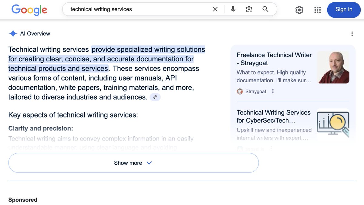 It's cool to see your own website in the AI Overview once in a while 😍

#technicalwritingservices #techwriting #knowledgebase #google #AI