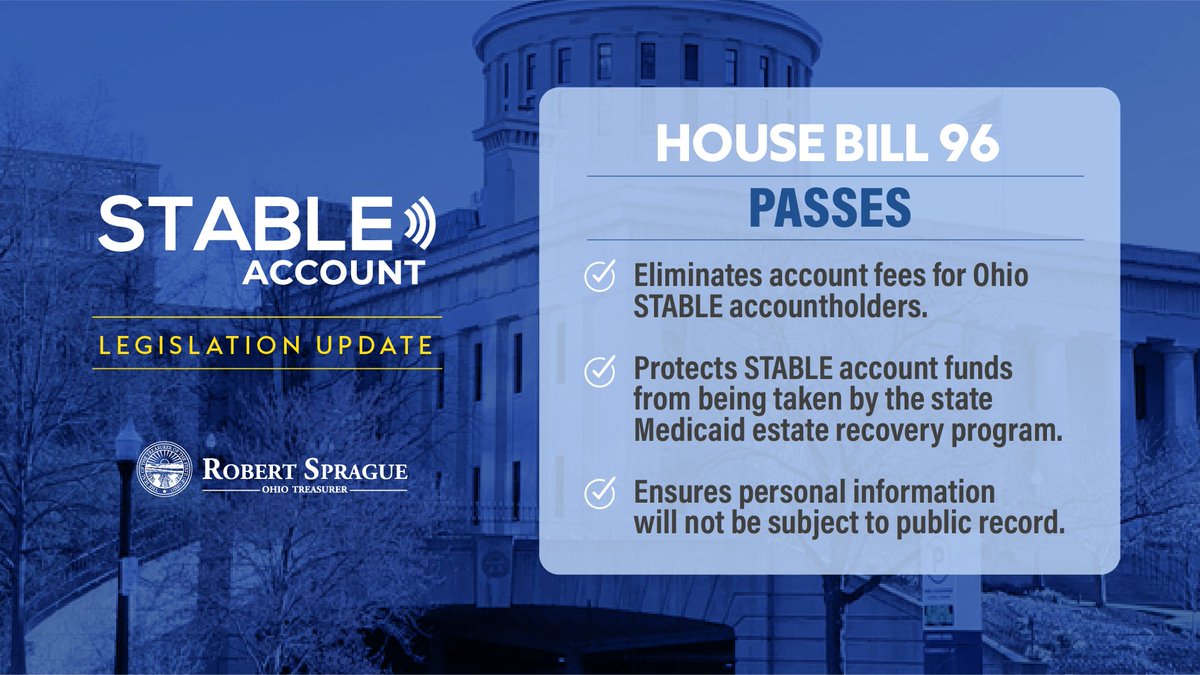 OhioTreasurer's tweet image. “The recent changes to @STABLEAccount made in the state budget will encourage more Ohioans to take advantage of the program’s life changing benefits of financial independence and empowerment,” said Treasurer Sprague.
Read more: tos.ohio.gov/newsroom/artic…