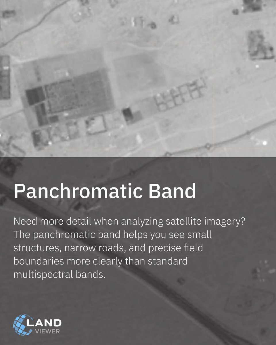 EOSDALandViewer's tweet image. The #Panchromaticband in #EOSDA #LandViewer offers higher spatial resolution than multispectral bands, making it ideal for visual inspection of roads, field shapes, and urban features: bit.ly/4083NAm