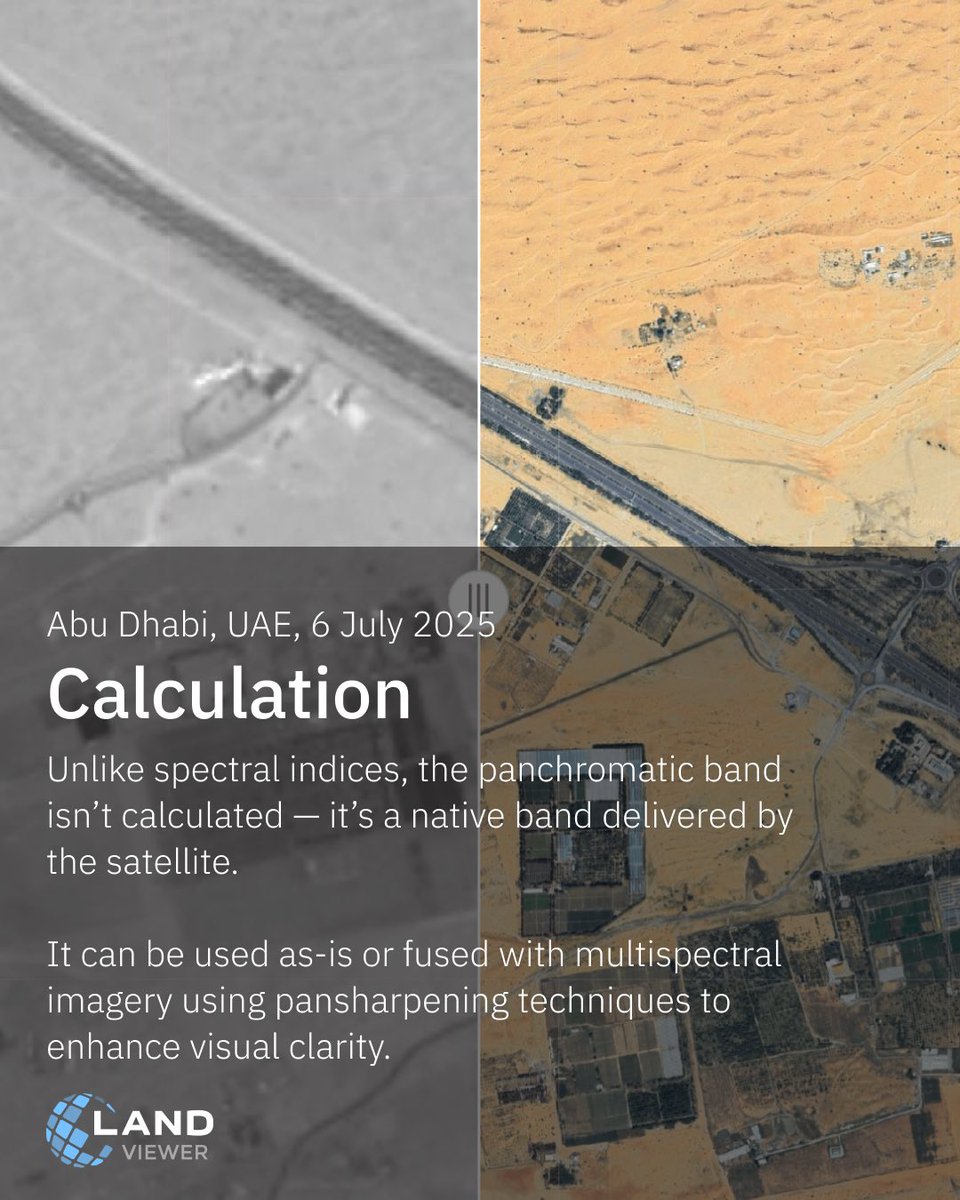 EOSDALandViewer's tweet image. The #Panchromaticband in #EOSDA #LandViewer offers higher spatial resolution than multispectral bands, making it ideal for visual inspection of roads, field shapes, and urban features: bit.ly/4083NAm