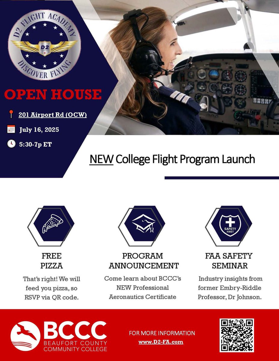 We are excited to host the open house for this 𝐧𝐞𝐰 College Flight program made possible through a collaboration between Beaufort County Community College and D2 Flight Training Center! 👩🏻‍✈️✈️