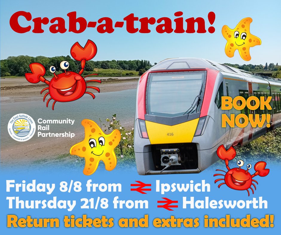 EastSuffolkLine's tweet image. Crab-a-train family fun is back in #Woodbridge (Fri 8/8 from #lpswich, Thu 21/8 from #Halesworth. We give you a bucket and line; you bring the bait. Return rail tickets and extras all included! £5 adults,£2.50-£3.50 kids. Return on any train! Book now!!
railplus.greateranglia.co.uk/categories/com…