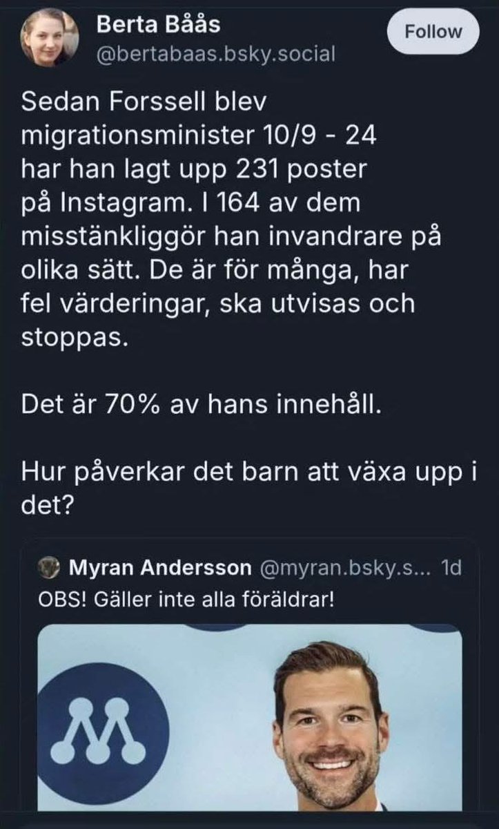 Enligt denna uppgift har Johan Forsell misstänkliggjort invandrare i 70% av sina inlägg. Verkar lite fixerat. Om det stämmer?