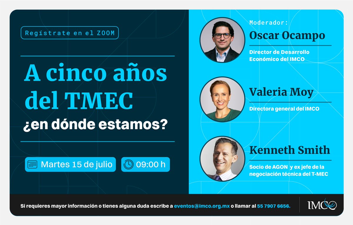 IMCO (@imcomx) on Twitter photo 📆 La revisión del T-MEC se acerca ¿Está México preparado? ¿Qué podemos esperar de este proceso? 💻 Acompáñanos en esta conversación con <a href="/ValeriaMoy/">Valeria Moy</a>, <a href="/KenSmithramos/">Kenneth Smith Ramos</a> y <a href="/OscarOcampo/">Oscar Ocampo</a> para resolver estas y otras dudas. 🔗 Regístrate aquí: bit.ly/3GaQnNg 📆 La revisión del T-MEC se acerca ¿Está México preparado? ¿Qué podemos esperar de este proceso? 💻 Acompáñanos en esta conversación con <a href="/ValeriaMoy/">Valeria Moy</a>, <a href="/KenSmithramos/">Kenneth Smith Ramos</a> y <a href="/OscarOcampo/">Oscar Ocampo</a> para resolver estas y otras dudas. 🔗 Regístrate aquí: bit.ly/3GaQnNg