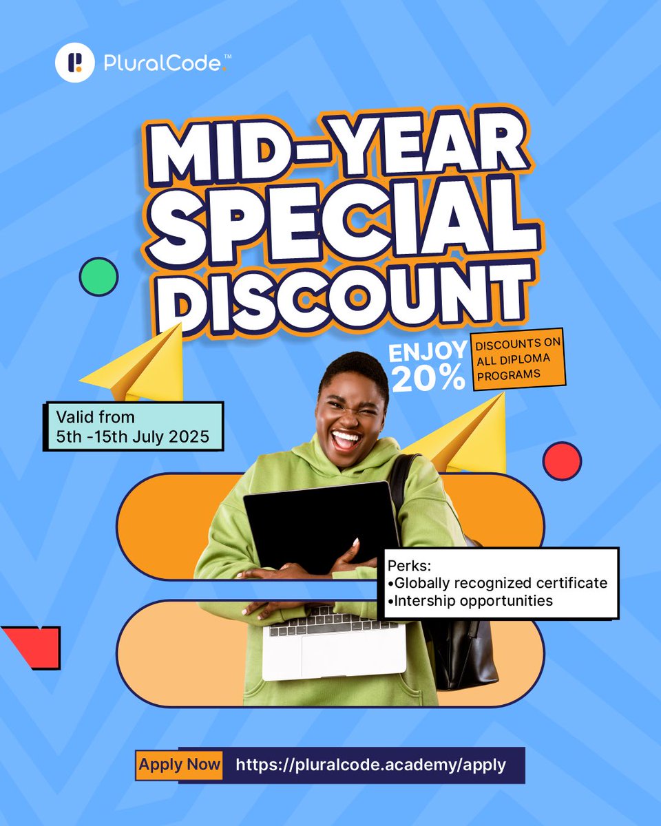 pluralcode's tweet image. You said you’d learn a tech skill, now the year is half-gone, but it’s not too late to make it happen. Take advantage of Pluralcode’s 20% discount scholarship program to start your tech journey.
With Pluralcode, it’s more than just learning a tech skill, it’s a campaign to help…