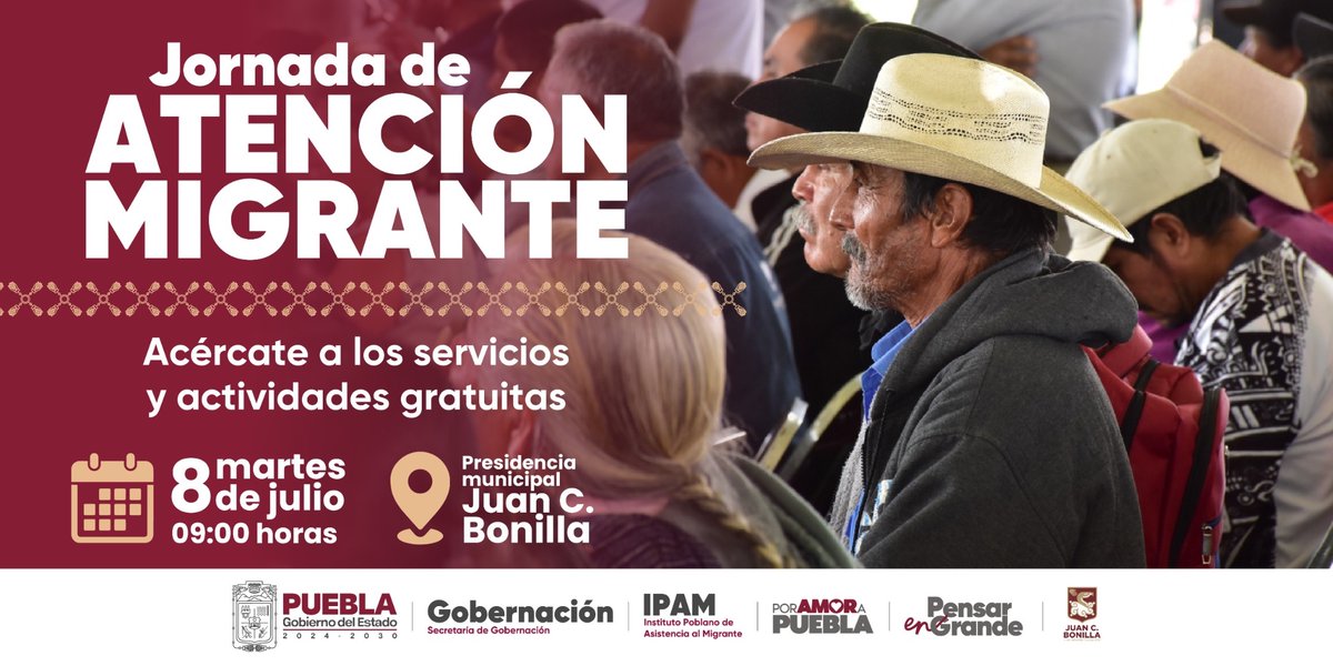 IPAM (@migrantepoblano) on Twitter photo 🇲🇽#PorAmorAPuebla | Paisana, paisano el <a href="/Gob_Puebla/">Gobierno de Puebla</a> a través del #IPAM, en coordinación con la <a href="/Segob_Puebla/">SEGOB Puebla</a> y el ayuntamiento de Juan C. Bonilla.
Te invitamos a participar de nuestra Jornada de “Martes de atención Migrante”, acércate e infórmate y conoce nuestros programas. 🇲🇽#PorAmorAPuebla | Paisana, paisano el <a href="/Gob_Puebla/">Gobierno de Puebla</a> a través del #IPAM, en coordinación con la <a href="/Segob_Puebla/">SEGOB Puebla</a> y el ayuntamiento de Juan C. Bonilla.
Te invitamos a participar de nuestra Jornada de “Martes de atención Migrante”, acércate e infórmate y conoce nuestros programas.