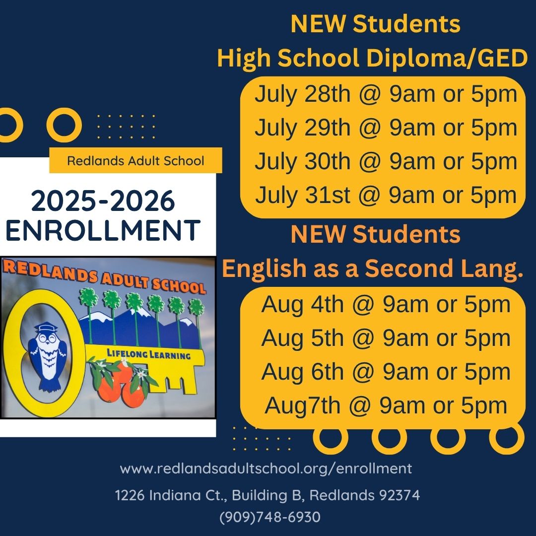 🗓️ Enroll Now: HSD/GED &amp; ESL Classes Starting Soon!

**HSD/GED NEW STUDENT Enrollment
📅 July 28 – 31**
🕘 9:00 am &amp; 5:00 pm daily

**New Student ESL Enrollment
📅 August 4 – 7**
🕘 9:00 am &amp; 5:00 pm daily

#redlandsadultschool #AEmatters #ThisisRUSD