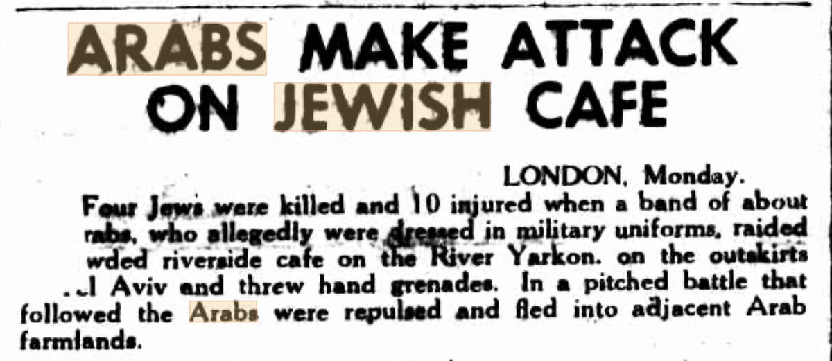 Canberra Times, Aug 12, 1947: “Arabs Make Attack on Jewish Cafe … 4 Jews killed, 10 injured in Tel Aviv [after Arabs] threw hand grenades.”

No “settlements,” no “occupation,” no “nakba.” No State of Israel for another year.

You sure this conflict is what they claim it’s about?