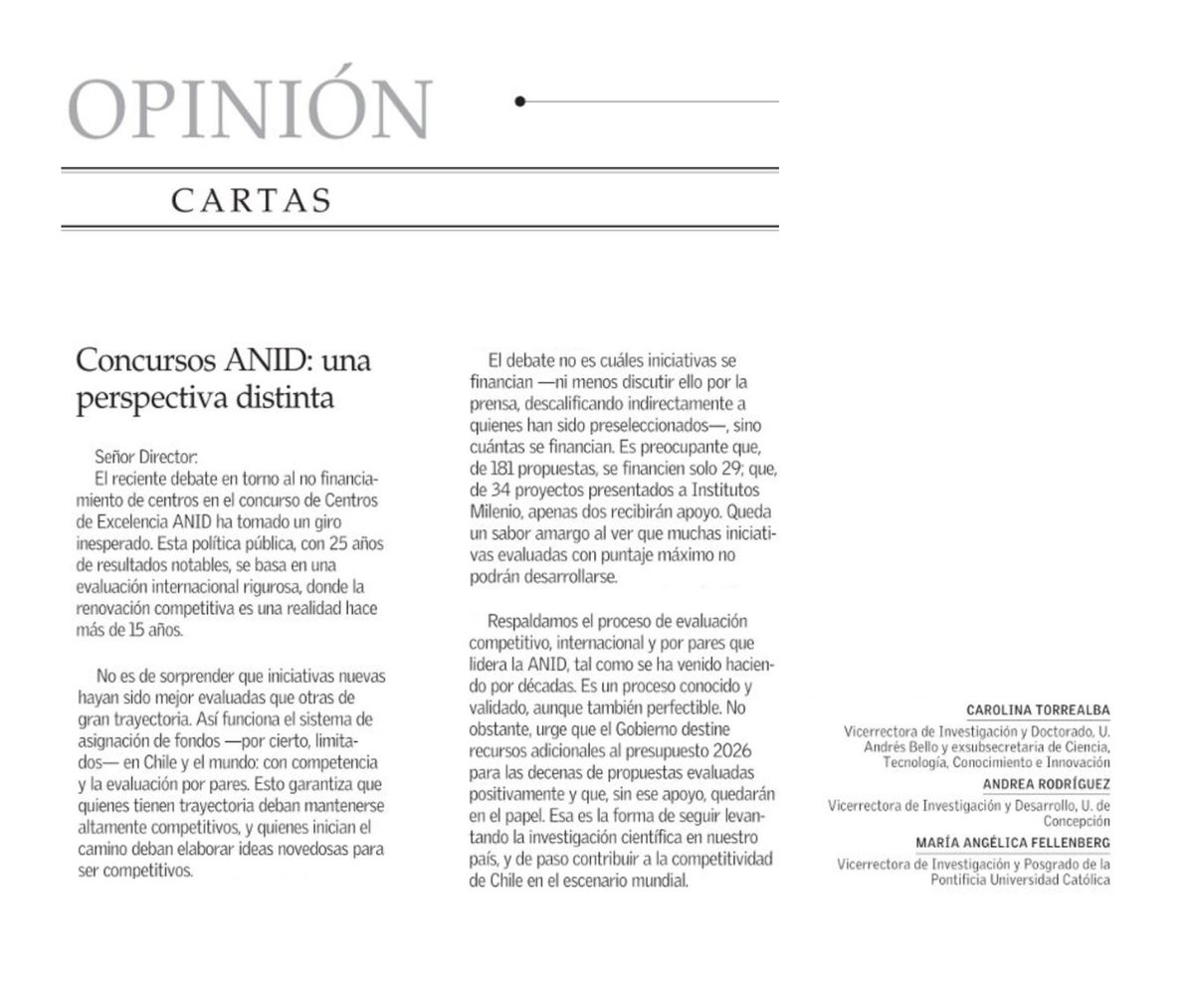 #PrensaUdeC: "Urge que el gobierno destine recursos adicionales a presupuesto 2026 para las decenas de propuestas evaluadas positivamente y que, sin ese apoyo, quedarán en el papel", carta al director en El Mercurio con participación de Vicerrectora <a href="/Ciencia_UdeC/">VRID UdeC</a>