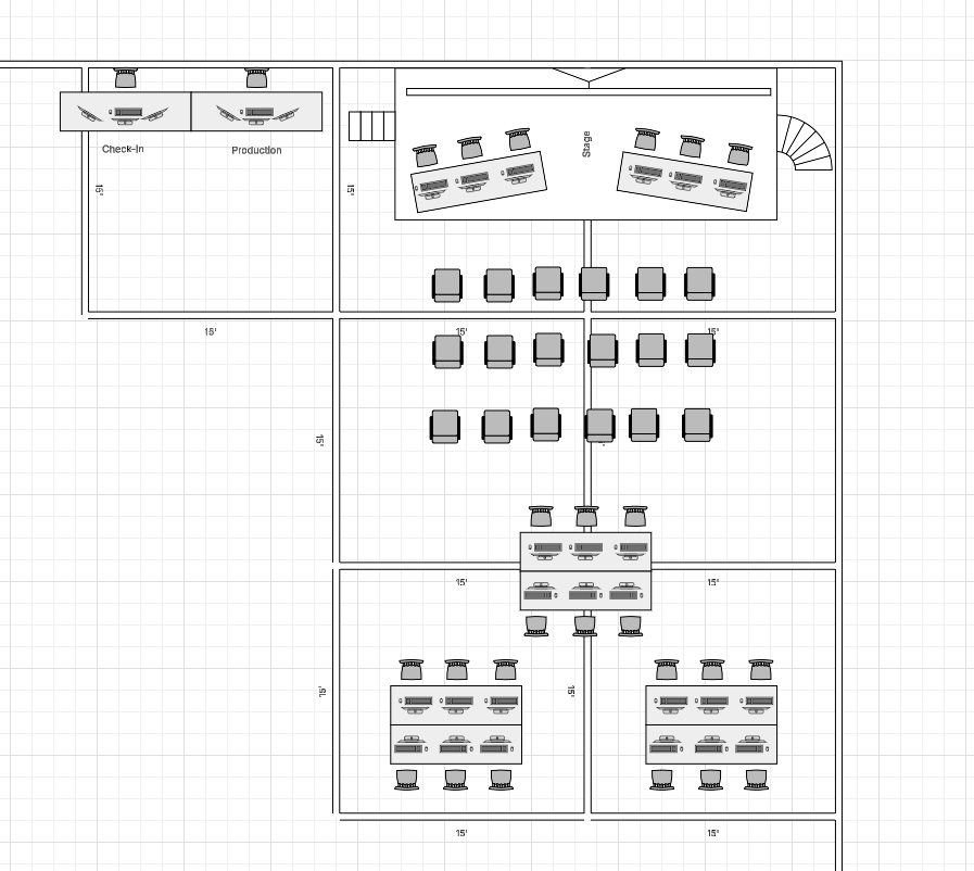 Any recommendations on this design? We are limited to 7 squares and we might get 1 or 2 more. This is my first time designing a layout for a LAN and would love feedback on what I can improve upon! 

The chairs are a little big, but they all would be standard foldable ones