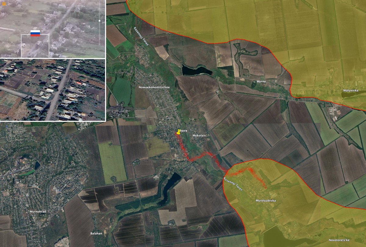 #NewsMap 
Russian mechanized assaults gets stopped just south of the center of #Novoeconomichne with drones, meaning also in this area, Ukrainian lines of defense are not really existent anymore ... 7 km to Myrnohrad.
Source video: facebook.com/watch/?v=11319…