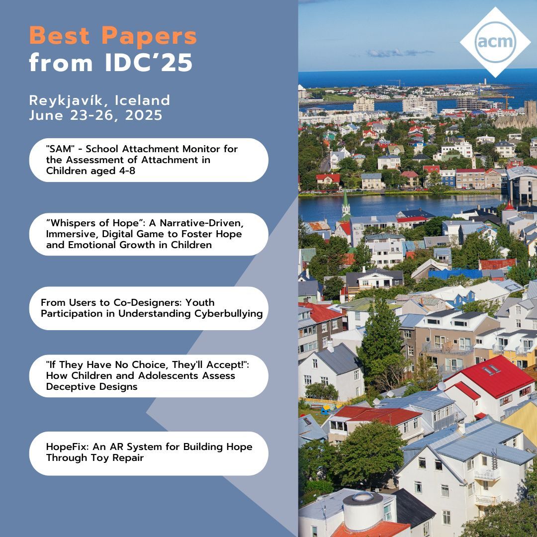 ACMDL's tweet image. We are thrilled to share the outstanding research contributions recognized at #IDC25. This year&apos;s selection highlights inclusive child-centered design, learning, and interaction. Congratulations to all the authors for their exceptional work! Check out the award-winning papers…